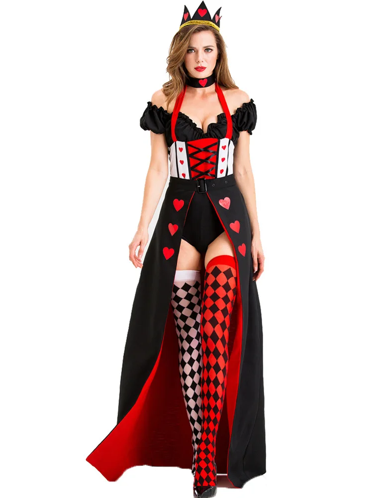 

Sexy Alice in Wonderland Queen of Hearts Costume Poker Queen Cosplay Costumes Women Halloween Costumes for Women with stocking