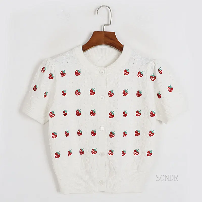 

Женский короткий кардиган с вышивкой клубники, короткая трикотажная рубашка с высокой талией, весна-лето 2023