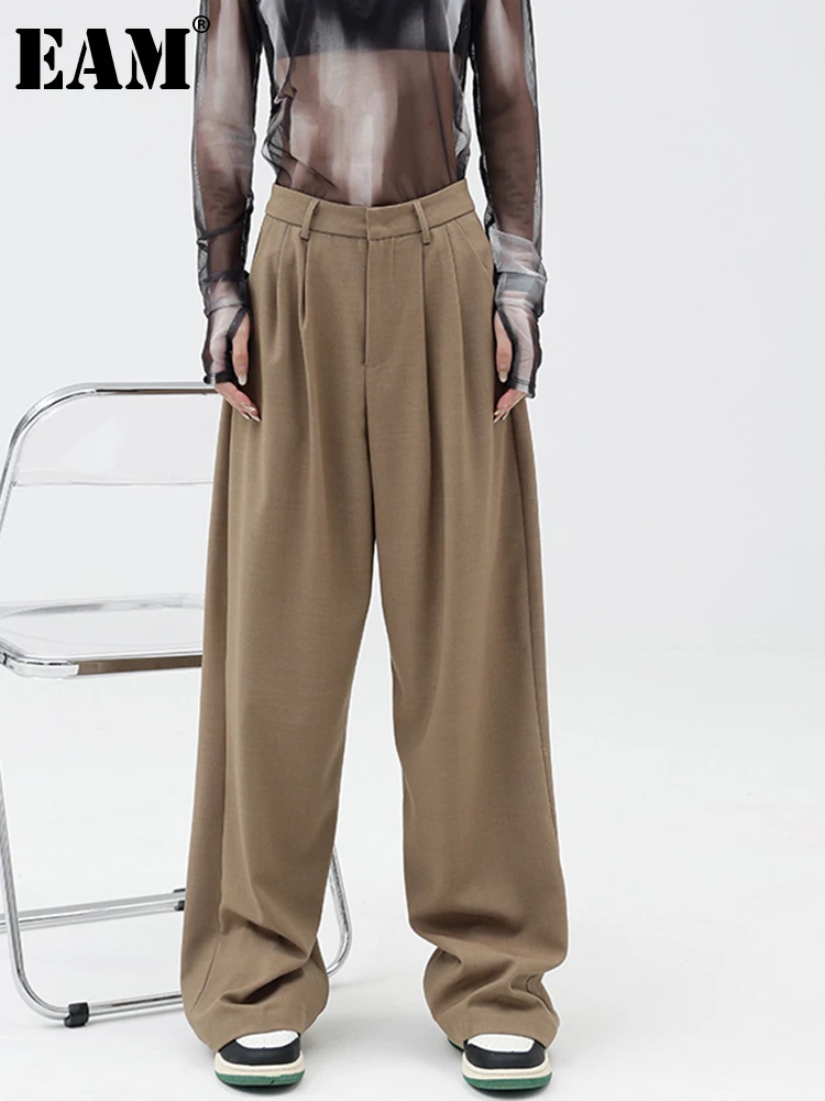 

[EAM] High Waist Khaki Brief Pleated Long Wide Leg Trousers New Loose Fit Pants Women Fashion Tide Spring Autumn 2022 1DE9222