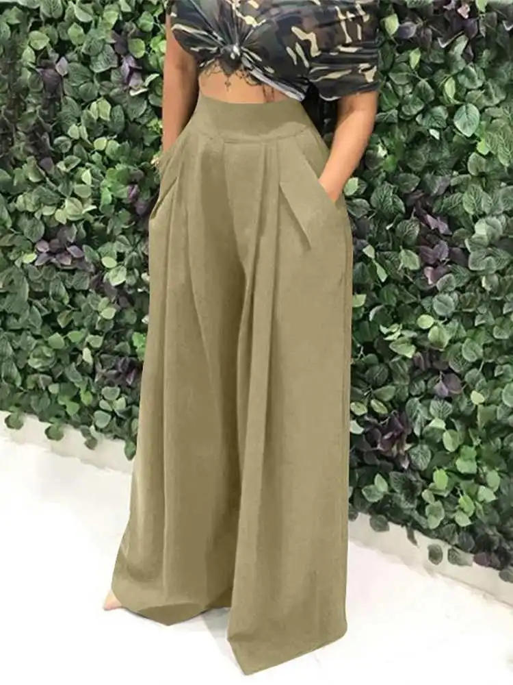 

Celmia 2022 Summer Casual Loose Pants Elegant Women Wide Leg Elastic Waist Office Pantalon Fashion Solid Pleated Long Trouser