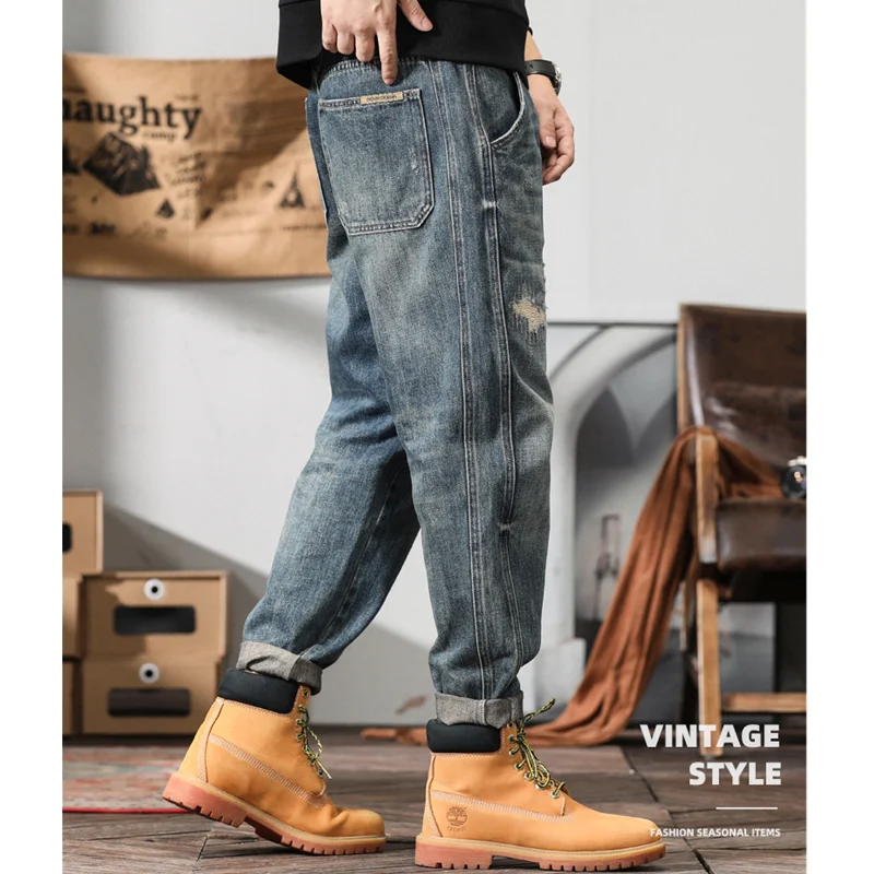Streetwear Men Pattern Hole Patch Jeans Loose Recreational Straight Cylinder Blue Temperament Trousers Autumn Female 2022 New