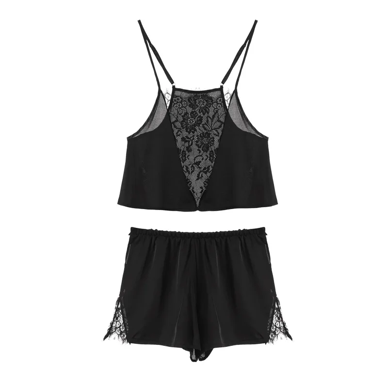 New Summer Sleepwear Women Sexy Pajamas Set Deep V Satin Lace See-through Halter Tops shorts Solid Color Femme Loungewear