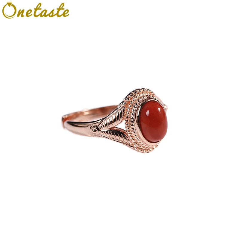 

925 Sterling Silver Rose Gold Plated Agate Jasper Resizable Ring For Women Natural Gemstone Geometric Trendy Rings Fine Jewelry