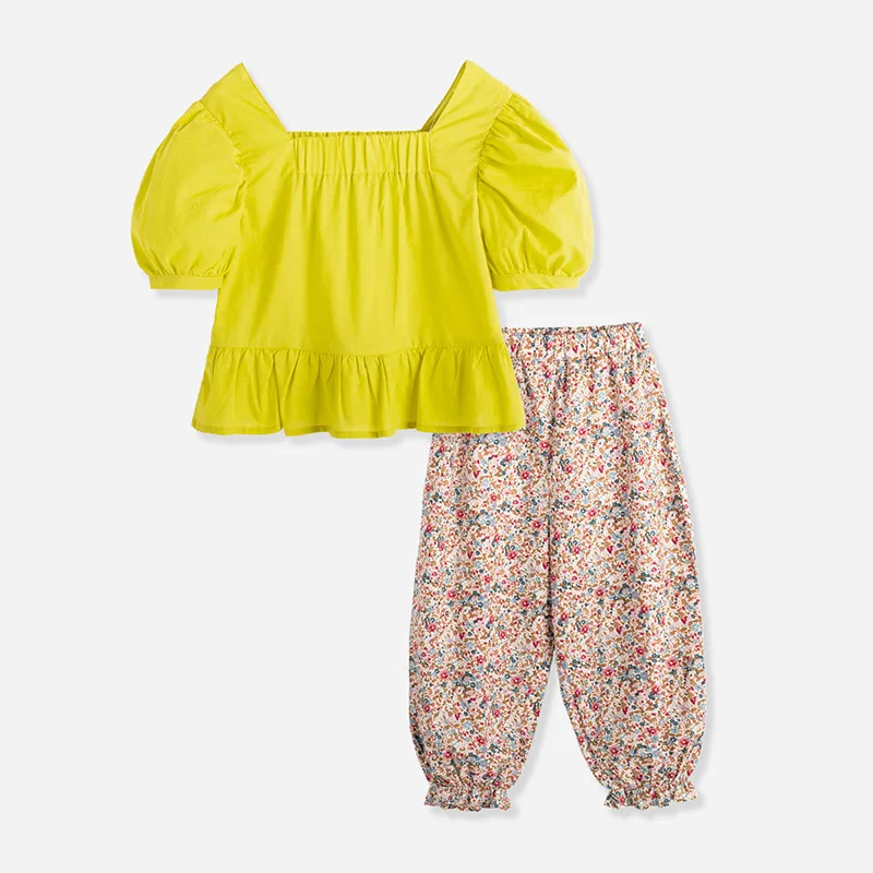 

YUSHI летняя одежда для девочек, детская желтая футболка с коротким рукавом и свободные брюки с принтом, Детский Повседневный комплект одежды