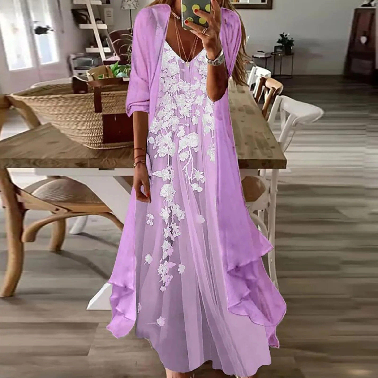 

Women Casual Print Dress V Neck Sleeveless Dress Half Sleeve Chiffon Shawl Cardigan Two Set Dress Tulle Dress Women