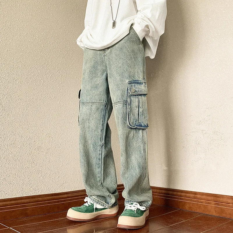 Baggy Pocket Jeans Men Fashion Casual Wide Leg Cargo Jeans Men Streetwear Loose Hip Hop Straight Denim Pants Mens Trousers S-2XL