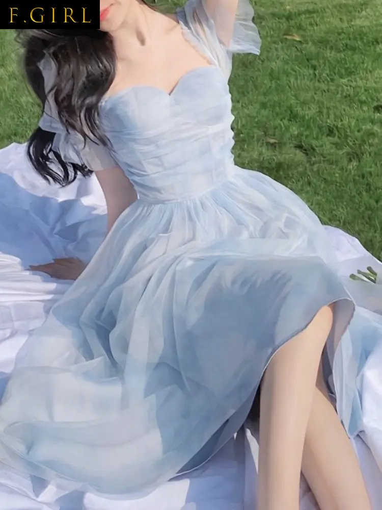 

Summer Dresses Women 2023 French Elegant Solid Midi Dress Women Causal Short Sleeve Fairy Party Dress Office Lady Fairy Fashion