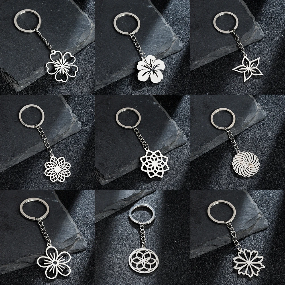 

Plant Lotus Flower Bag Keychain Pendant For Women In Stainless Steel Key Covers For House Car Keys Keyring Making Supplies