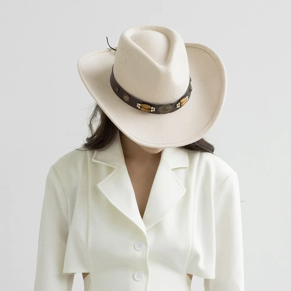 USPOP Новая женская шляпа-федора из 100% шерсти в ковбойском стиле с заклепками