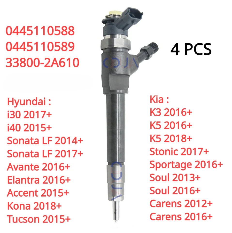 

4PCS 0445110588 0445110589 338002A610 New Diesel Fuel Injector Nozzle for Bo-sch Hyundai i30 Sonata Accent Tucson Kia K3 K5 Soul