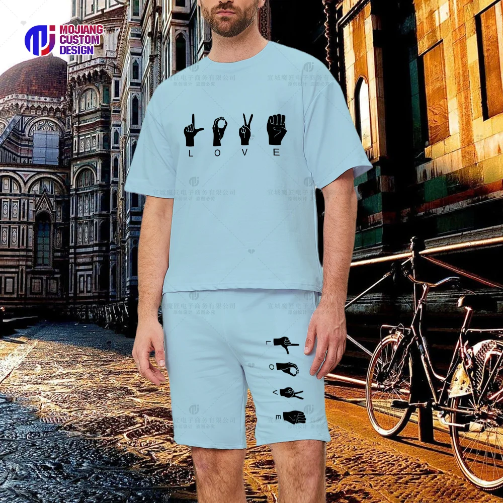 Letter LOVE & Gesture Print Men's T-Shirt Set, Crew Neck Short Sleeve Top, Graphic Shorts Men's Shirt Summer Dress