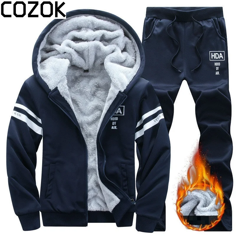 

Winter Men Set Casual Warm Thick Hooded Jacket+Pants 2PC Sets Men Inner Fleece Hoodies Zipper Tracksuit Male Sports Suit Outwear