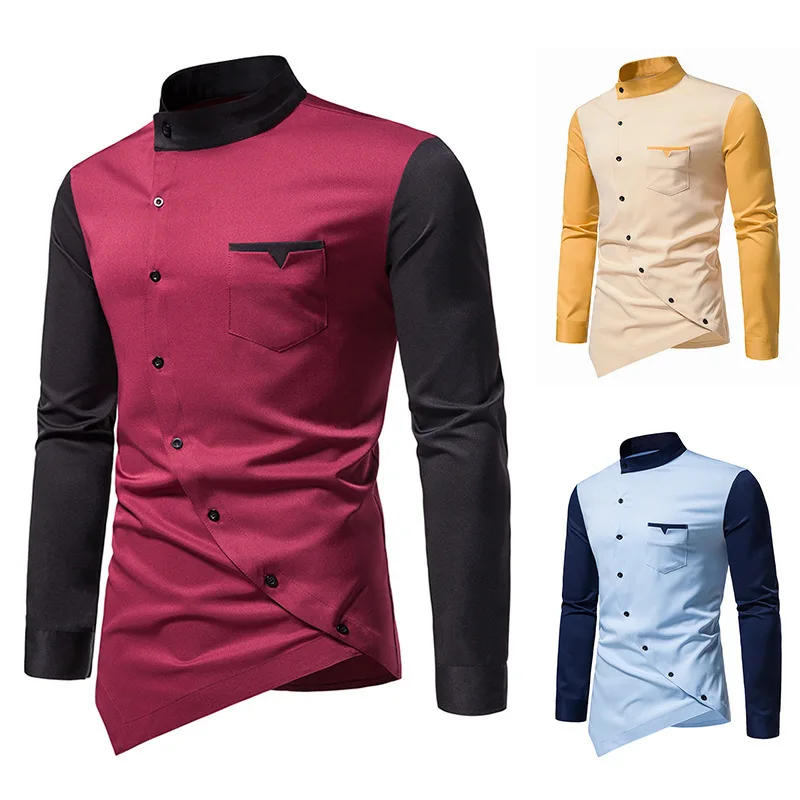 Men's Shirt Long Sleeve Slim Casual Irregular Oblique Button Contrast Color Stand Collar Personality Shirts Social Party Blouse