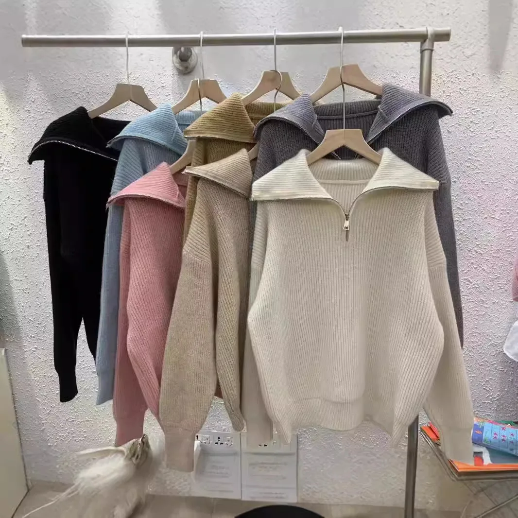 Женский вязаный пуловер на молнии с длинным рукавом