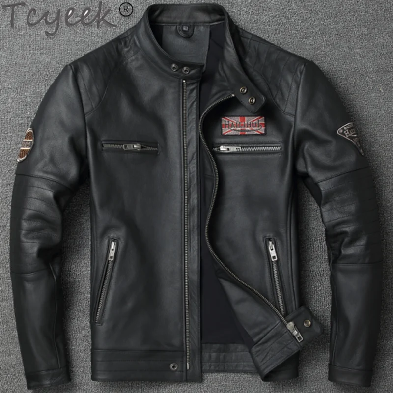 

Tcyeek Genuine Leather Jacket Men Vintage 100% Cowhide Coat Spring Autumn Mens Leather Motorcycle Jackets Chaquetas Hombre FCY