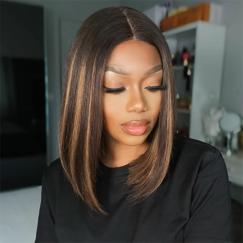 4x4x1 Lace Front Human Hair Short Bob Wig Highlight Straight Ombre For Black Women Pre Plucked HD Virgin Glueless Brazilian