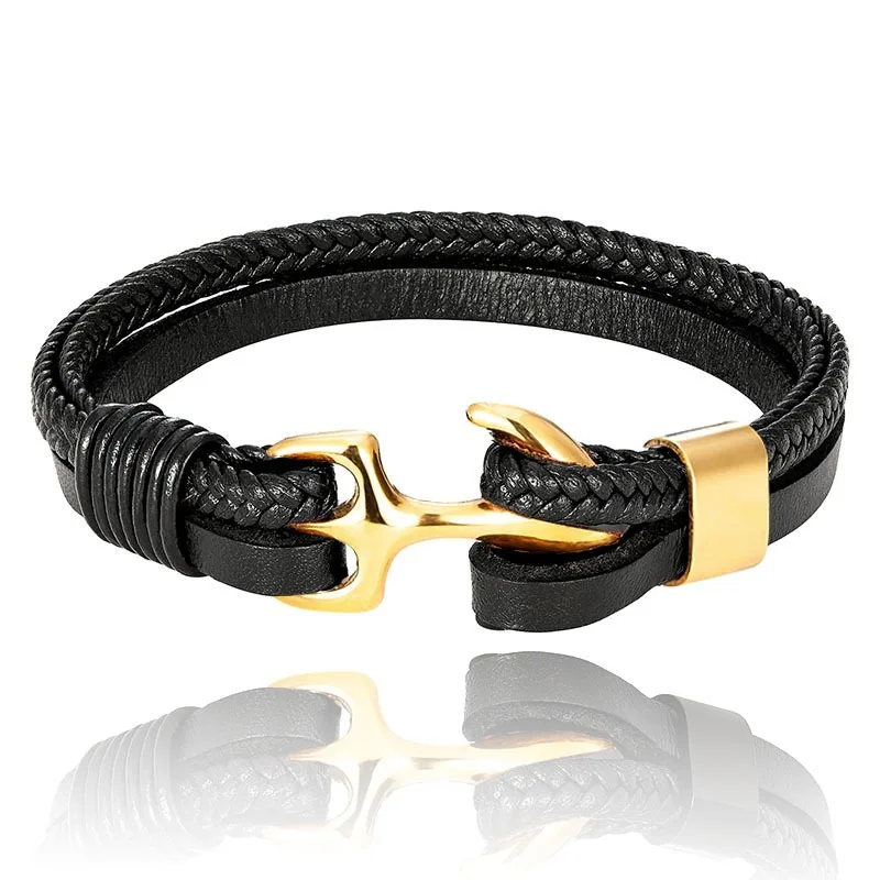 Лидер продаж плетеный кожаный браслет из нержавеющей стали с якорем