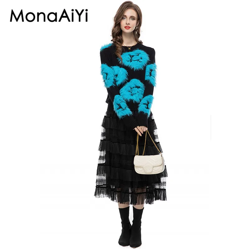 Осеннее темпераментное плюшевое платье MonaAiYi с принтом и круглым вырезом высокой