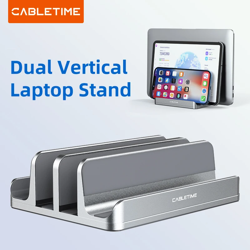Фото CABLETIME Vertical Laptop Stand Aluminum Notebook Stand For MacBook Air Pro iPad HP Dell phone Dual Laptop Tablet Hold №1