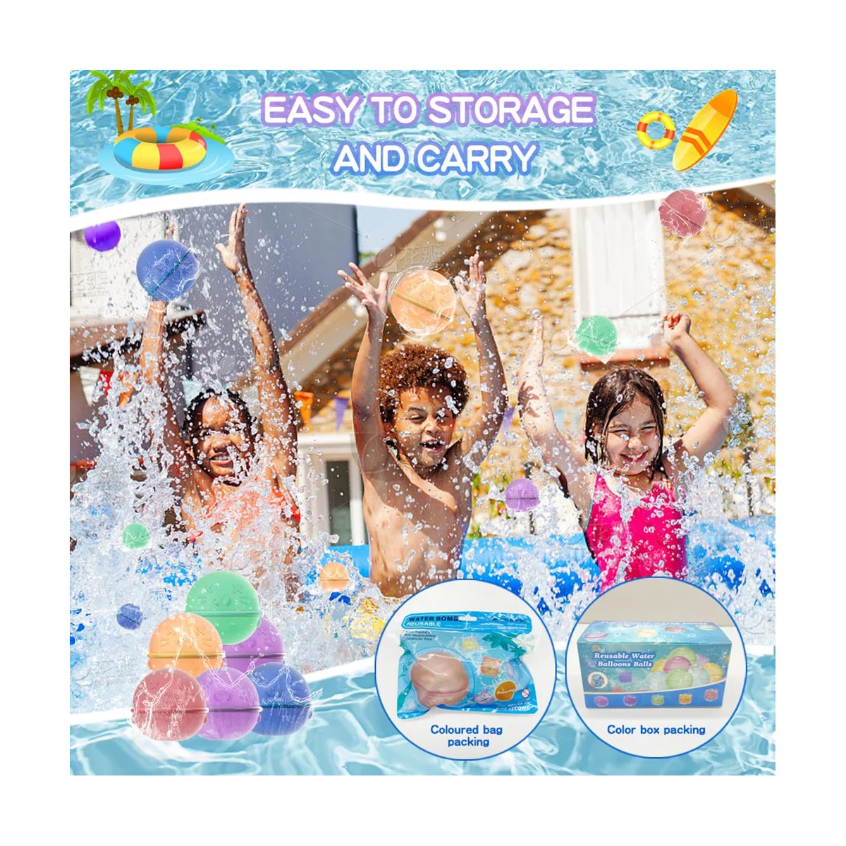 

6PCS Reusable Water Bomb Splash Balls Balloon for Kids Adults Outdoor Summer Activities Water Games (Seashells)