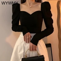 spring retro french blouse popular puff sleeves square collar short top womens slim chic fashion black bottoming shirt inside