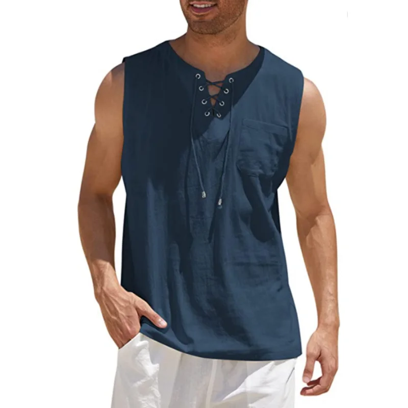 

Fashion New Mens Summe Tank Tops Cotton Linen Casual Sleeveless Tops Loose Lace Up V-neck Pocket Tees Shirts Male Streetwear