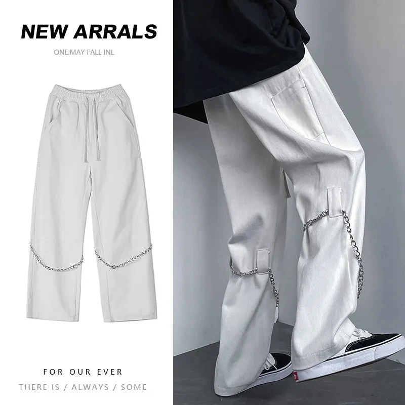 Chain Casual Pants Men Women High Street Loose Wide-Leg Trousers Spring Autumn Solid Straight Pantalon Male Hip Hop Joggers