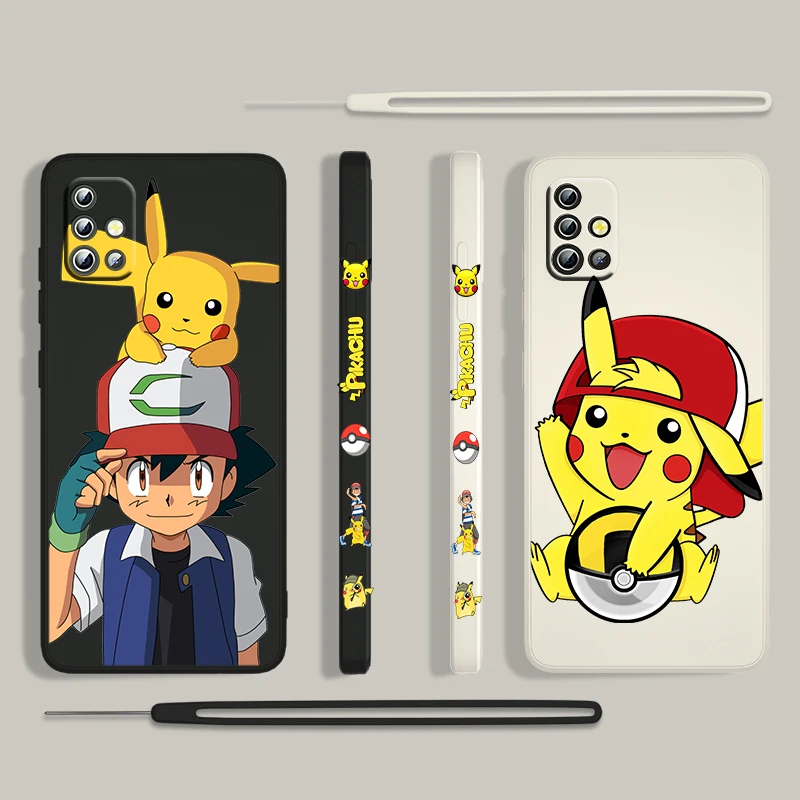 

Cartoon Pikachu Cute For Samsung Galaxy A73 A53 A33 A52 A32 A22 A71 A51 A21S A03S A50 4G 5G Liquid Left Rope Phone Case