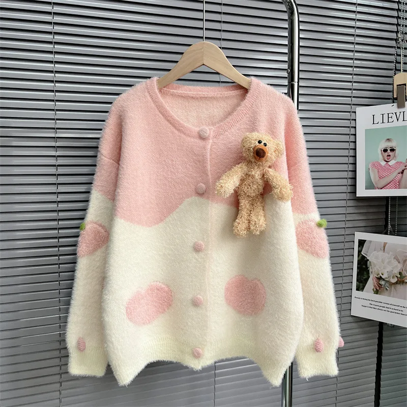 

2022 Autumn and Winter New Women Sweater O-neck Pacthwork with Bear Knitted Cardigan Warm Women Top