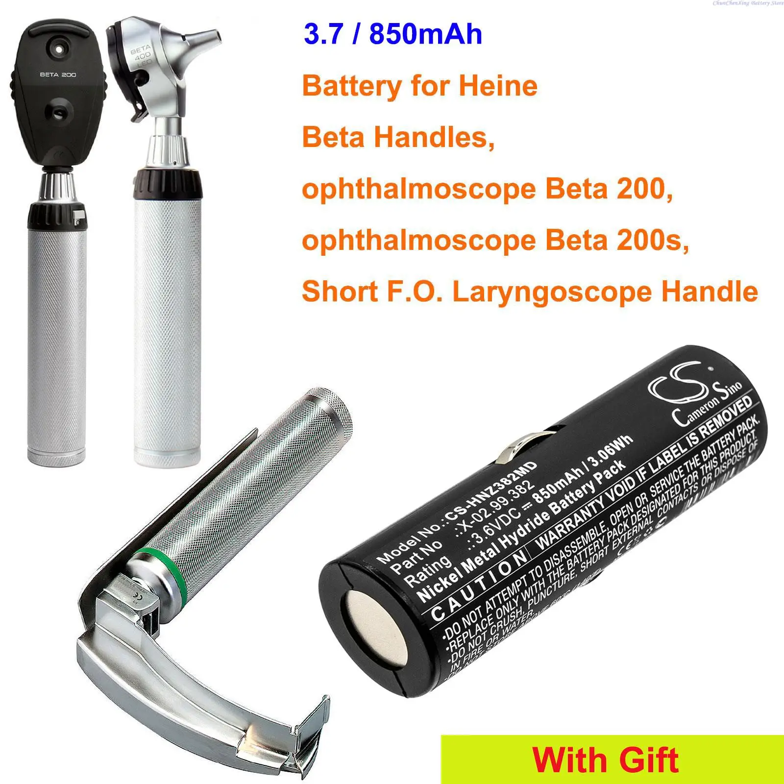 

Cameron Sino 850mAh Battery for Heine Beta Handles, ophthalmoscope Beta 200, Beta 200s, Short F.O. Laryngoscope Handle