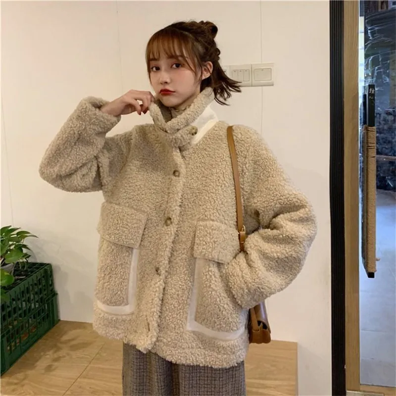 Korean Fashion Thick Wool Cashmere Coat Wool Fur Coat Stand-Up Collar Mori Female Lamb Wool Coat Female Winter College Style