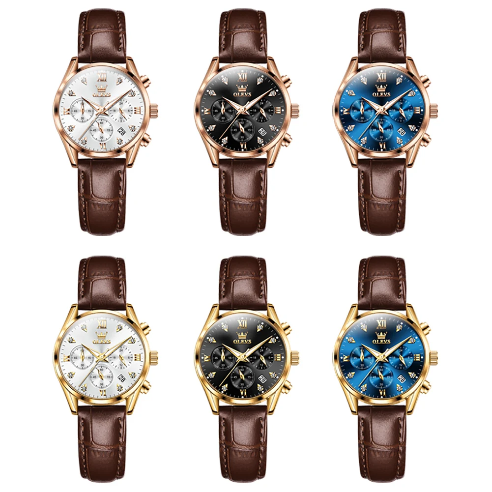 Женские Водонепроницаемые кварцевые часы с хронографом и кожаным ремешком