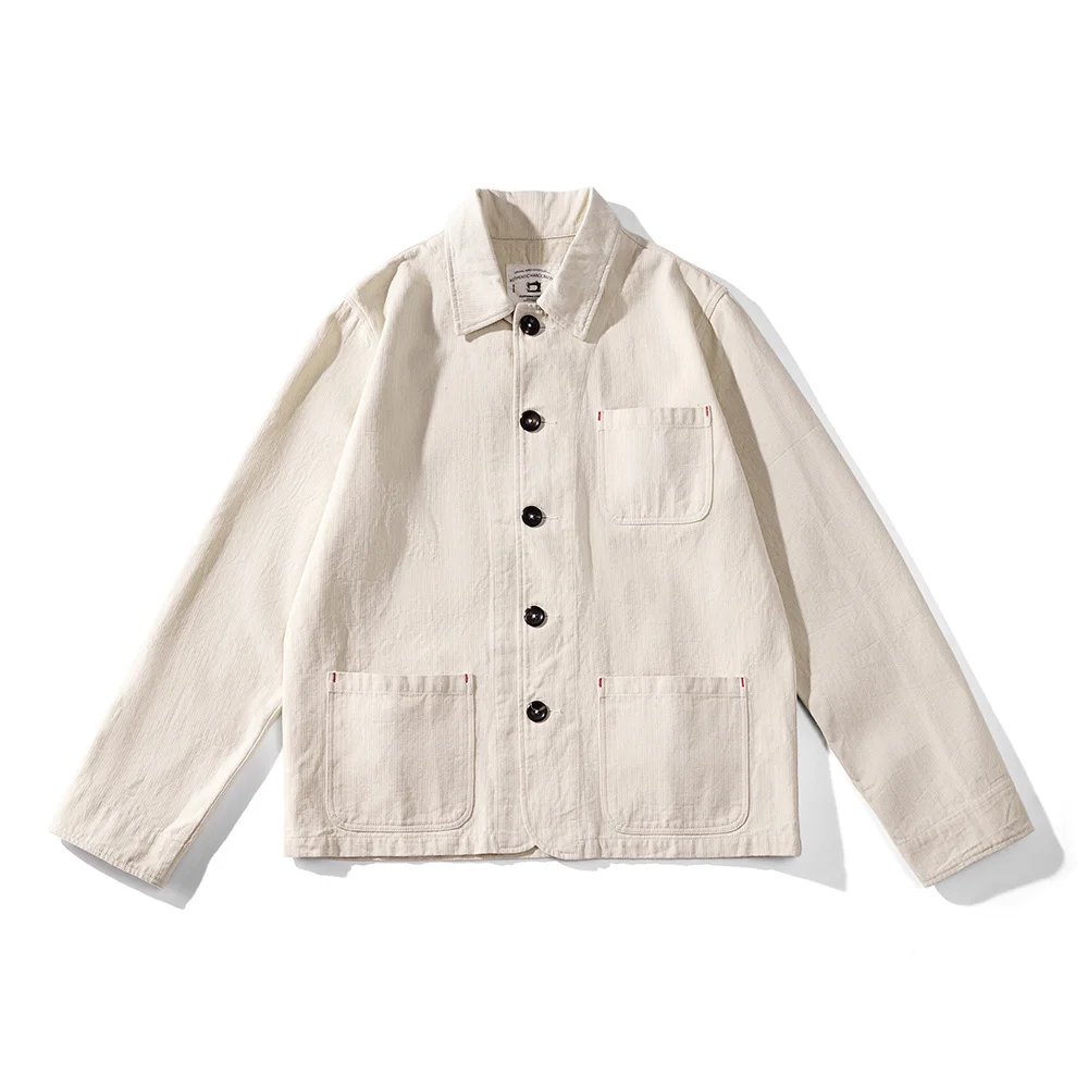 

French Vintage Men Spring Autumn New Beige Lapel Multi-pocket Tooling Workwear Jacket Solid Color Casual Cardigan Coat