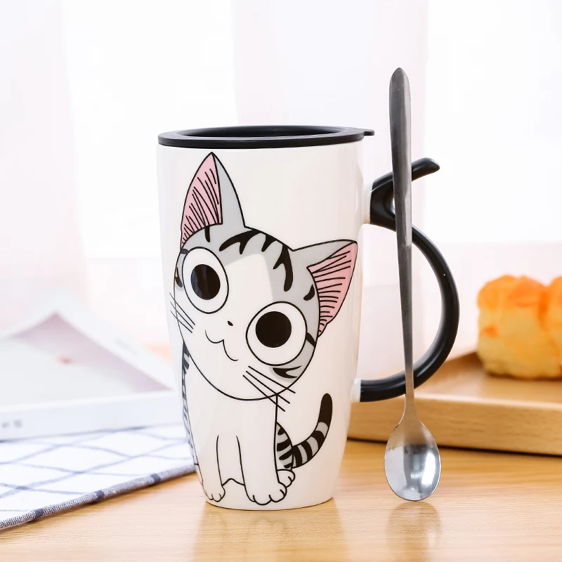 

Cute Cat Mugs Coffee Cups With Lid Spoon Animal Ceramic Mug Large Personalized Creative Drinkware Novelty Gifts Kawaii Milk Cup