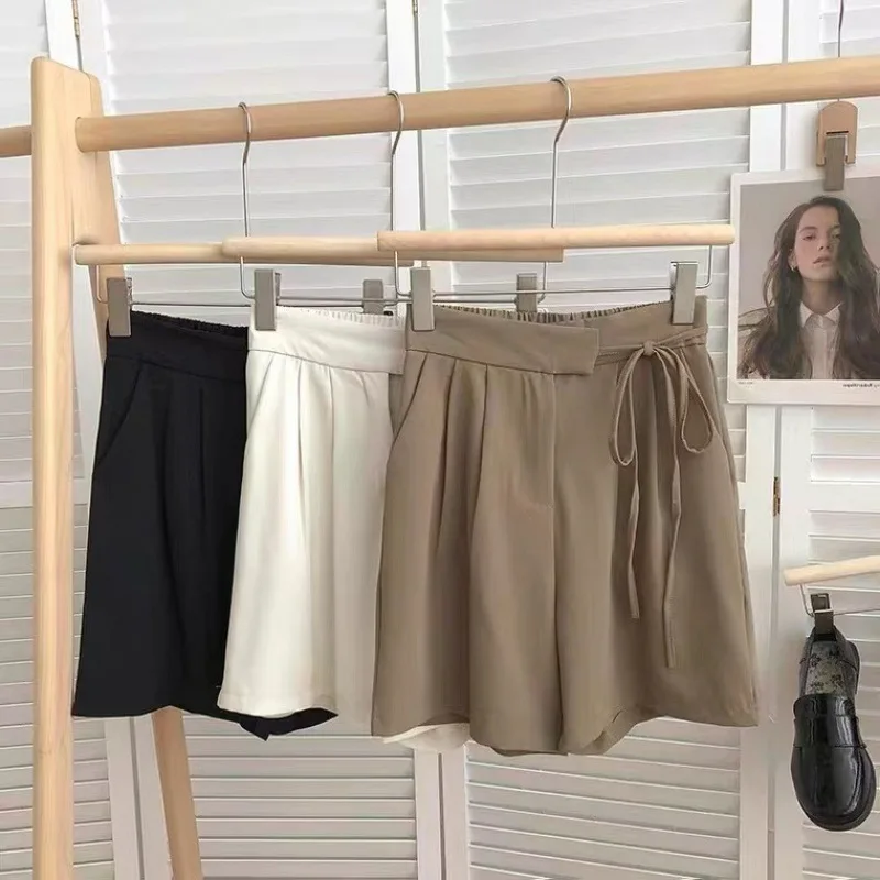 Summer White Black Suit Shorts Woman High Waist Wide Leg Shorts Women Casual Half Trousers Loose Irregular Lace Up Pants Femme