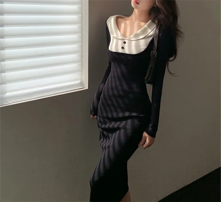 

Kawaii Peter Pan Collar Women Black Knit Dress Spring Fall Sexy Full Sleeves Vestido De Mujer Dresses For Lady