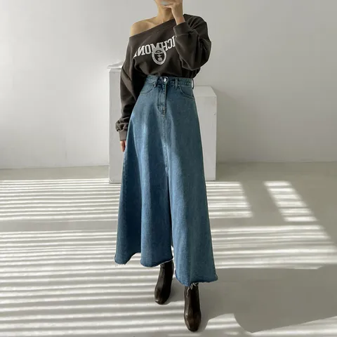 Женская джинсовая юбка с карманами, длинная свободная юбка трапециевидной формы с высокой талией, на одной пуговице, винтажная юбка с разрезом, корейский стиль, лето 2023