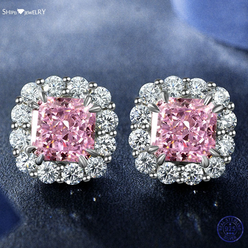 

Shipei 100% 925 Sterling Silver Crushed Ice Cut 7*7 MM Created Moissanite Pink Sapphire Gemstone Ear Studs Earrings Fine Jewelry