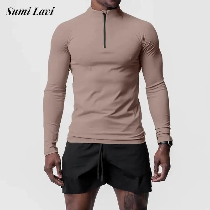 

Футболка мужская с длинным рукавом, эластичная быстросохнущая Облегающая рубашка, спортивный топ для фитнеса, Повседневная Однотонная футболка на молнии, с воротником-стойкой