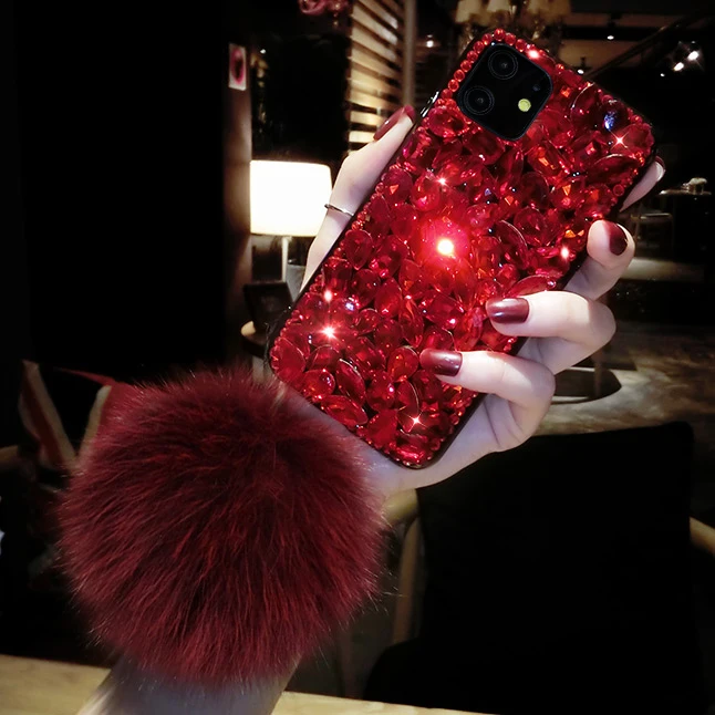 

Women TPU Jewelled phone case for iphone12 elegant red shiny back case