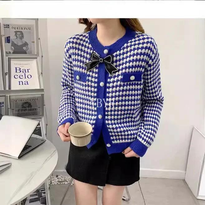 Трикотажный кардиган с круглым вырезом и бантом женский свитер цветными блоками