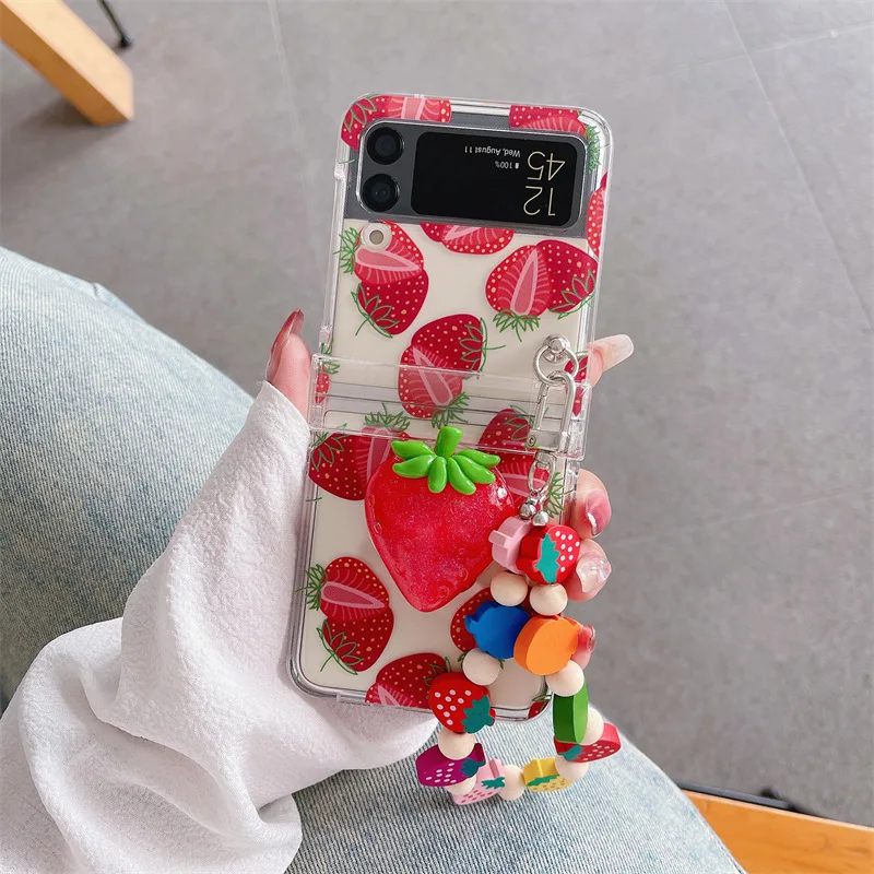 

Lovely Strawberry Chains Phone Stand Case for Samsung Galaxy Z Flip 3 Z Flip 4 Hard PC Back Cover for ZFlip3 ZFlip4 Case Shell