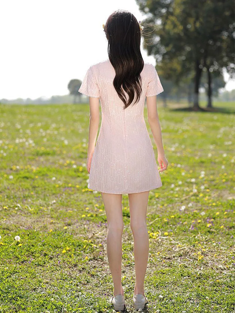 Новинка 2024 женское розовое винтажное короткое платье Cheongsam платья с короткими