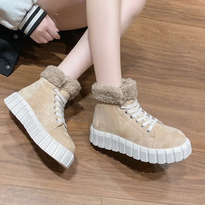 

2022 New Arrival Girls Snow Boots Cashmere Warm Plush Women Flat Booties Non Slip Female Fur Ankle Boots All-match Botas Winter