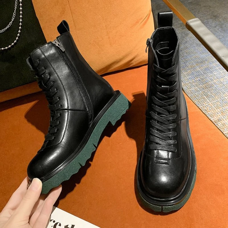 

Women's Boots Autumn and Winter New Thick-soled Mid-tube Boots All-match Zipper Lace-up Motorcycle Boots Winter Boots Women