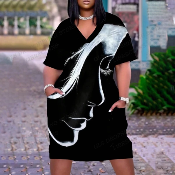 

Summer Portrait Painting Dress Women Fashion Boho Beach Dresses Short Sleeve Party Evening Dress Sexy Midi Elegant Sundress Girl