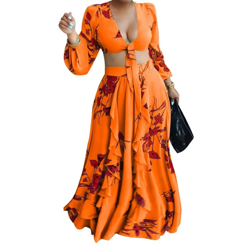 

Женский комплект из топа и юбки, желтый, оранжевый, зеленый комплект из двух предметов с длинным рукавом, V-образным вырезом и принтом из поли...