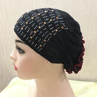 h021 girls lace amira muslim hats with rhinestones pull on islamic scarf with flower on back turban hijab bonnet inner caps