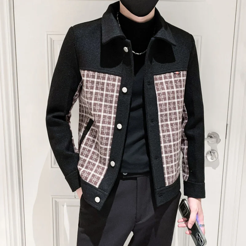 

Autumn Winter Steetwear Windbreaker Pocket Outwear Ropa De Hombre Trench Lattice Casual Short Jacket Wool Coat Men