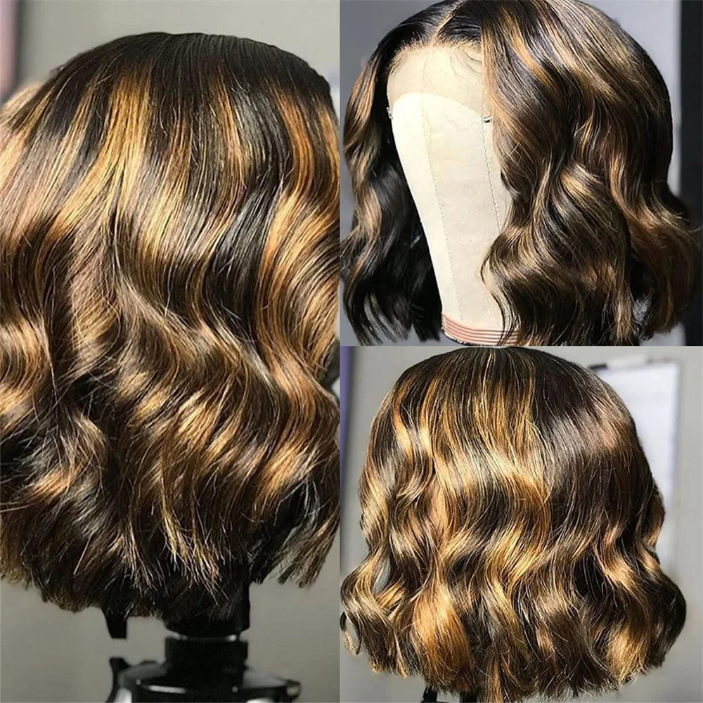 

Short Bob Highlight Brazilian Human Hair Wig With Baby Hair Full Lace Wig With 4x4 Silk Base Glueless Pre Plucked Bleached Knots